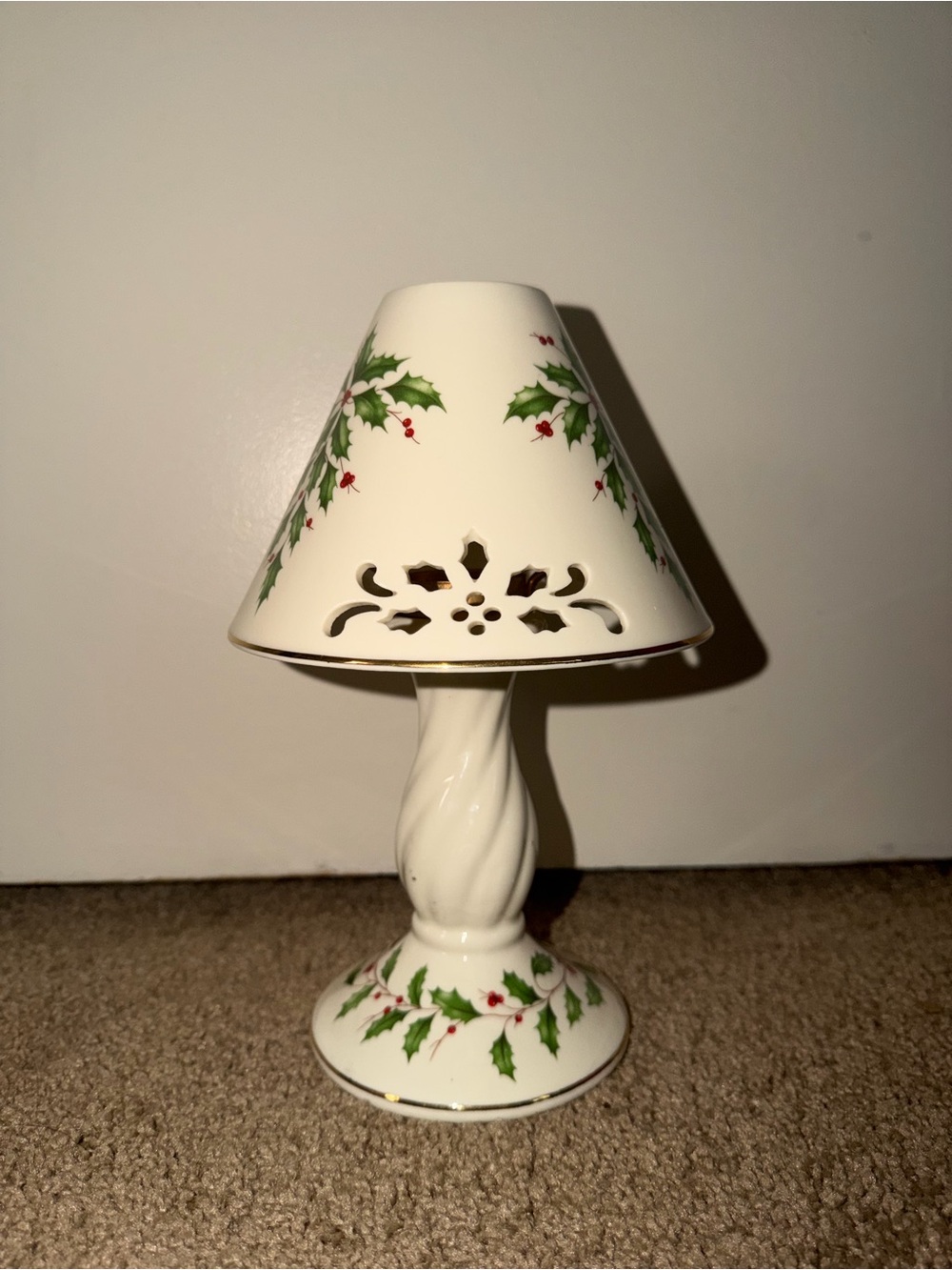 Lenox White Ceramic Holiday Holly Table Lamp with Green and Red Accents